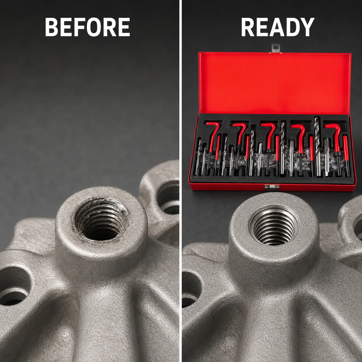 Thread Repair Tool Kit setup and use views