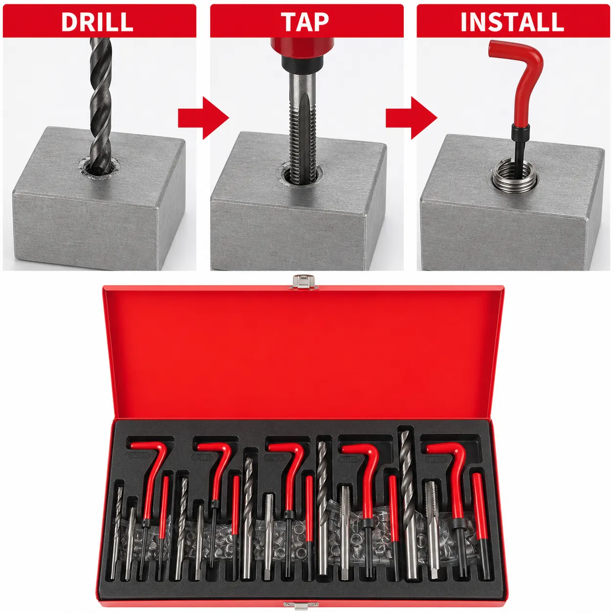 Thread Repair Tool Kit setup and use views